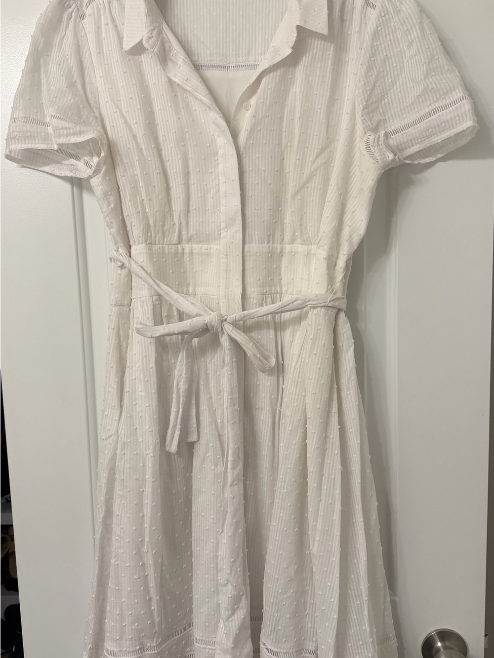 Tommy Hilfiger White Textured Midi Shirt Dress with Tie Waist